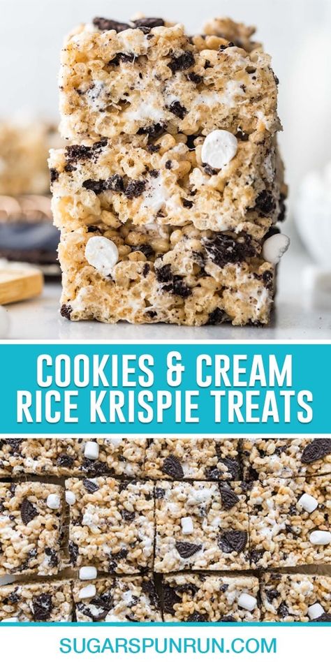 These cookies and cream rice krispie treats are a fun spin on the classic dessert! They're fully loaded with crushed Oreo cookies and plenty of mini marshmallows, and they take just minutes to prepare. Cookies And Cream Rice Krispie Treats, Oreo Rice Crispy Treats, Oreo Rice, Rice Krispie Squares, Bark Recipes, Crushed Oreo, Creamed Rice, Vacation Food, Marshmallow Treats