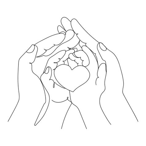 Little baby hands with heart in adult parental hands of mom and dad,One line art drawing Minimal design vector illustration.Happy family,care,child protection concept. Happy Line Art, Family Of 4 Drawing, Parent And Child Drawing Reference, Parents Drawing, Mom Line Art, Baby Hand Tattoo, Family Drawing Illustration, Couples Scrapbook, Hand Hart