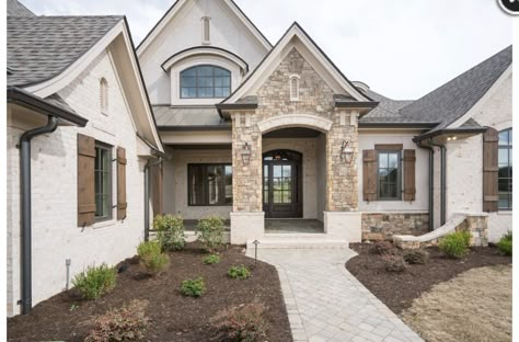 French Country Exterior, Stone Exterior Houses, White Exterior Houses, Lake Keowee, Stucco Homes, European Farmhouse, Cottage Exterior, Brick Exterior House, Exterior Stone