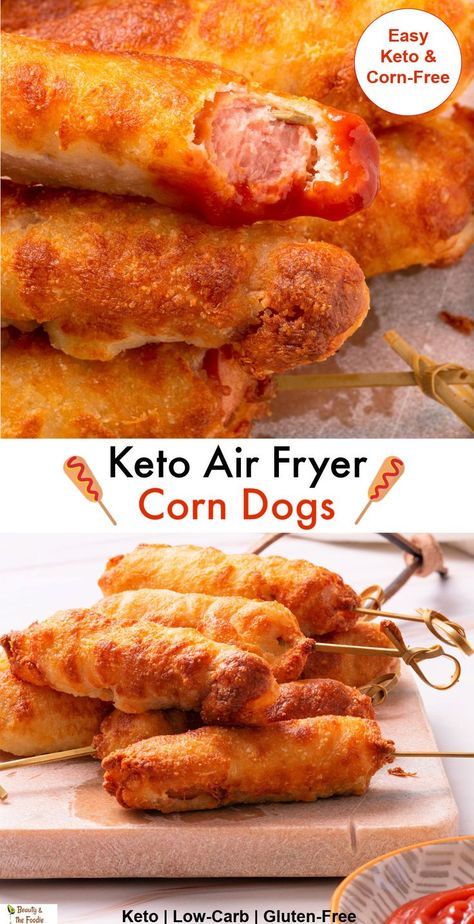 A stack of air fried ketto corn dogs with one  corn dog having a bite out of it. Low Carb No Cook Meals, Hot Keto Meals, Air Fried Corn Dogs, Keto Hotdogs Recipes, Air Fryer Carnivore, Keto Chalaffles, What To Do With Hot Dogs, Airfryer Low Carb Recipes, Keto Hot Dog Recipes