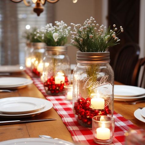 Mason Jar Lights Christmas, Christmas Mason Jars Diy Decorations, Christmas Decor Ideas Mason Jars, Christmas Mason Jars Centerpieces, Winter Mason Jar Centerpieces, Mason Jar Christmas Candles, Mason Jar Christmas Centerpieces, Candle Jar Centerpieces, Mason Jar Christmas Decor