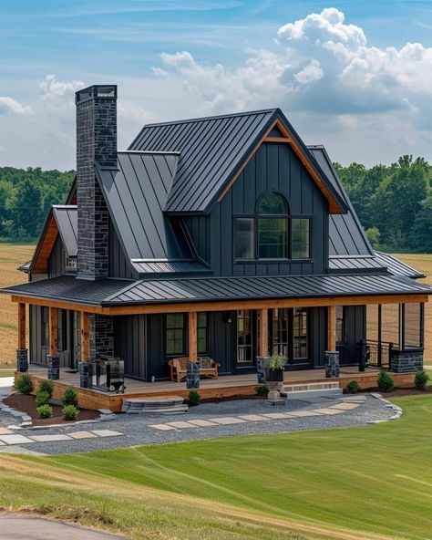 Black Houses, Barn House Design, Barn Style House Plans, Dream Life House, Farmhouse Style House Plans, Barn Style House, Front Porches, House Plans Farmhouse, Plan Ideas