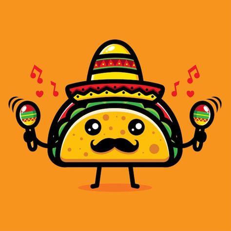 Cartoon Taco Drawing, Animated Food Pictures, Taco Images Cartoon, Mexican Food Cartoon, Taco Animation, Cute Taco Drawing, Mexican Food Drawing, Food Painting Easy, Mexican Cartoon Characters