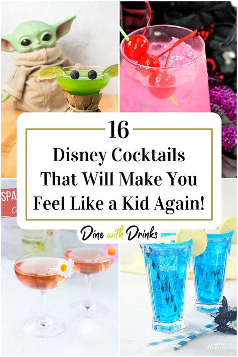 Collage of 4 disney cocktails. Disney Cocktails Recipes, Disney Princess Drinks, Disney Themed Cocktails, Disney Themed Drinks, Disney Alcoholic Drinks, Merry Poppins, Princess Drinks, Movie Dinner, Disney Inspired Cocktails