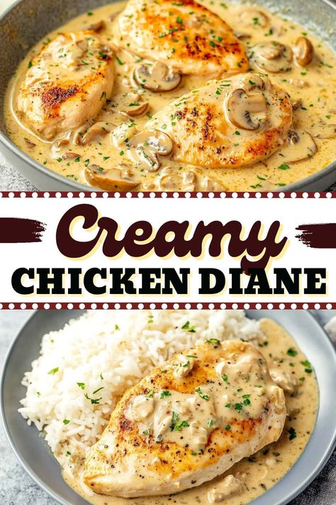 This Creamy Chicken Diane recipe features tender chicken breasts in a luscious cream sauce with mushrooms, shallots, garlic, Dijon, and a splash of brandy. Serve it with egg noodles to soak up the delicious sauce. Delicious Dinner For 2, While Food Dinner Ideas, Easy Weekday Chicken Dinners, Creamy Chicken Diane, Chicken With Half And Half, Chicken And White Sauce, Recipe Using Chicken Breast, Dinner Ideas With Chicken Tenders, Chicken And Cream Sauce