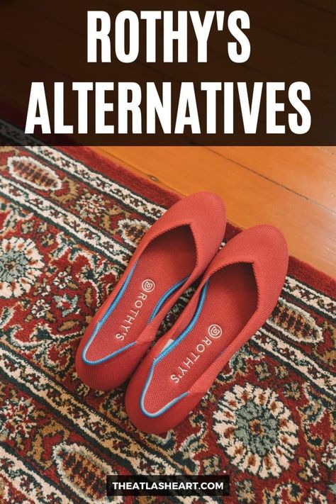 A pair of red Rothy's flats sitting on the edge of a Persian rug on a hardwood floor, with the text overlay, "Rothy's Alternatives." Rothy's Shoes Outfit, Rothy’s Outfit Ideas, Red Rothys Outfit, Rothys Outfits, Rothys Shoes Outfit, Pointed Flats Outfit, Red Flats Outfit, Zero Shoes, Best Shoes For Travel