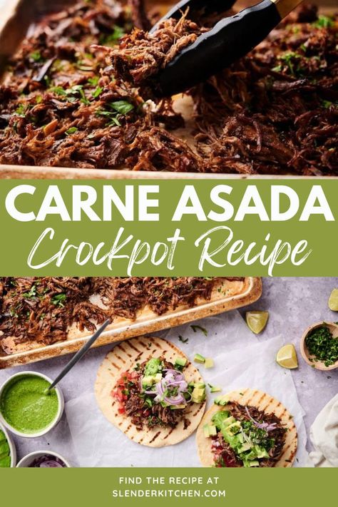 If you need a new, easy meal to feed a crowd, this tender, fall-apart Crockpot Carne Asada is it! With just five minutes of prep work and easy-to-find, affordable ingredients, this classic Mexican beef dish is great for tacos, burritos, bowls, and more. Crockpot Carne Asada Slow Cooker, Crockpot Asada Tacos, Slow Cooker Carne Asada Beef, Slow Cooker Carne Asada Tacos, Crock Pot Meat For Tacos, Carne Asada Roast Crock Pot, Instant Pot Carne Asada Tacos, Crockpot Recipes Beef Tacos, Recipes With Carne Asada Meat