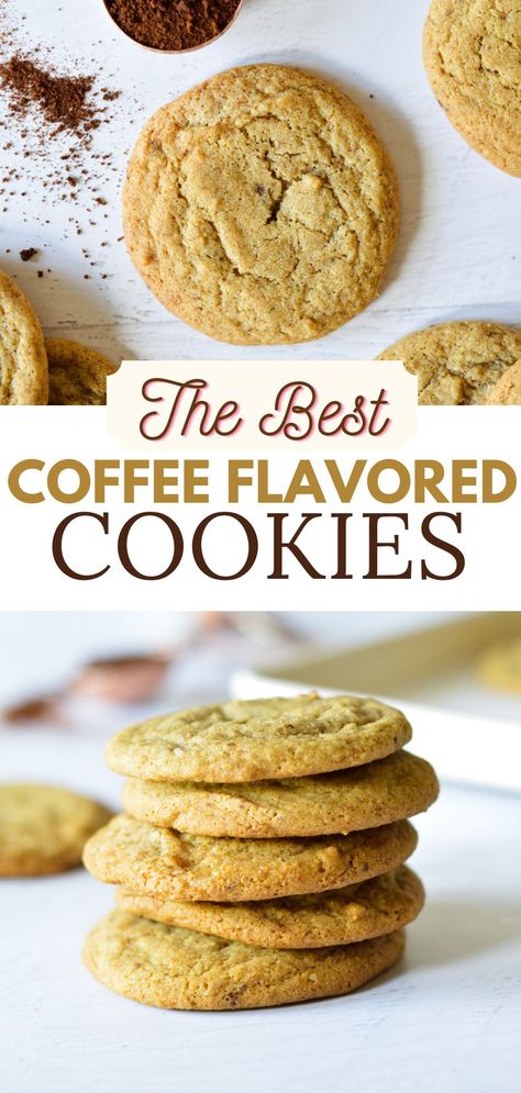 a stack of coffee cookies Coffee Dipping Cookies, Cookie Recipes Coffee, Coffee Crisp Cookies, Irish Coffee Cookies, Espresso Powder Cookies, Mocha Chocolate Chip Cookies, Instant Coffee Cookies, Coffee Cookie Bars, Chocolate Chip Coffee Cookies