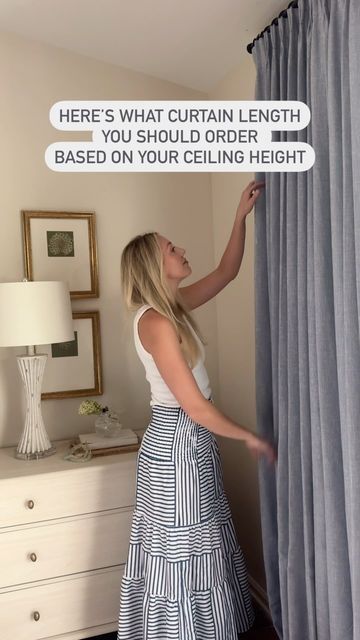 Meredith | Modern Southern Style on Instagram: "Get more curtain hanging tips below 👇🏼 comment CURTAIN for the link to my fave affordable Amazon pinch pleat drapes!  CURTAIN HANGING TIPS:  👉🏼 Hang the curtain rod 1–2 inches below the crown molding.  👉🏼 Use drapery hooks and rings for an elevated look  👉🏼 Hang the rod 8–12 inches outside the window frame on each side to make the window appear larger. This also allows more light into the room when the curtains are open.  👉🏼 What length curtains should you get based on your ceiling height?  These are length recommendations if you use the tips above for that high-end designer look!  For 8 ft ceilings, get the 90 inch length For 9 ft ceilings, get the 95 inch length For 10 ft ceilings, get the 108 inch length For 11 ft ceilings, get t Where To Mount Curtain Rods, Curtains Or No, Proper Curtain Length, Where To Place Curtain Rod, Curtain Drapes Ideas, Curtain Length For 8 Ft Ceiling, How High To Hang Curtains, 9ft Ceilings Living Room, Curtain Ideas For Large Windows