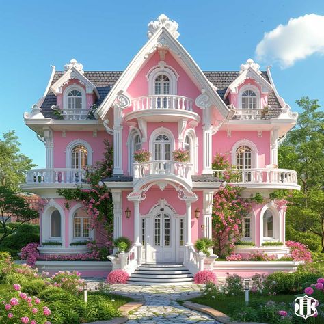 Candy Pink Meets Snow White in Sweet Home Outside Colour Inspirations • 333+ Images • [ArtFacade] Cutecore House Exterior, Pink Victorian House Exterior, Pink House Design, Home Images Houses, Kawaii House Exterior, Pink Home Exterior, Cute Mansion, Pastel House Exterior, Outside Home Design