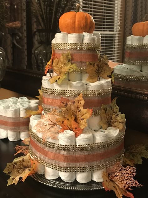 Fall Baby Shower Diaper Cakes, Diaper Cake Fall Theme, Fall Diaper Cake Boy, Pumpkin Diaper Cake Girl, Gender Cupcakes, Fall Diaper Cake, Pumpkin Diaper Cake, Diaper Cake Ideas, Pumpkin Theme Baby Shower