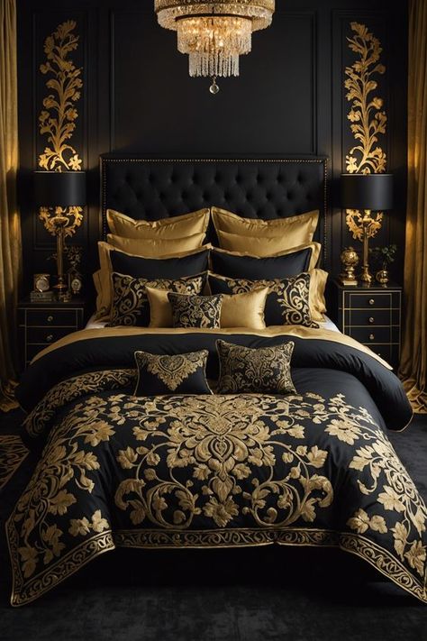 Black And Gold Bed, Glam Decor Bedroom, Black And Gold Bedroom Ideas, Scandinavian Dining Room Decor, Black And Gold Bedroom, Bedroom Ideas Interior Design, Glamour Bedroom, Black Bedrooms, Black Gold Bedroom