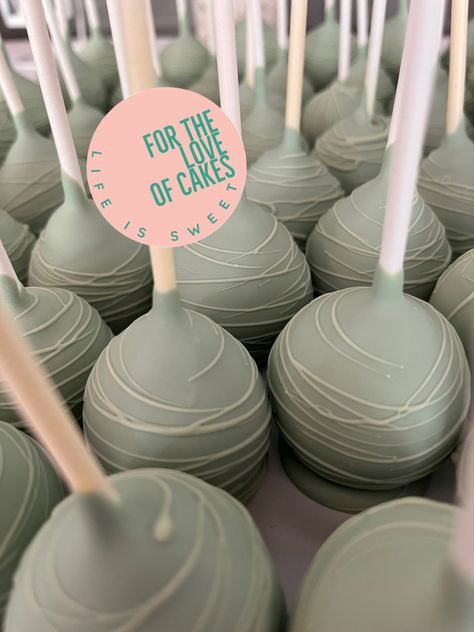 Sage Green Treats Table, Eucalyptus Cake Pops, Sage Green And Gold Cake Pops, Sage Baby Shower Sweet Table, Sage Green And White Cake Pops, Sage Cake Pops, Sage Green Baby Shower Cake, Green And White Cake Pops, Light Green Cake Pops