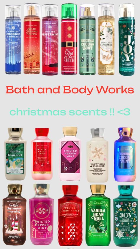 bath and body works christmas scents! Bath And Body Works Christmas Aesthetic, Bath And Body Works Christmas Scents, Bath And Body Works Perfume Christmas, Bath And Body Works Winter Scents, How To Smell Like Christmas, Christmas Shower Routine, Winter Perfume For Women, Christmas Bath And Body Works, Bath And Body Works Aesthetic