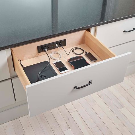 Charging Station Kitchen, Charging Drawer, Charging Station Drawer, Docking Drawer, Clean Countertops, Built In Cabinet, Drawer Design, Cabinet Space, Kitchen Drawers