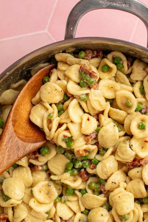 Pasta with Peas and Pancetta - Olivia's Kitchen Pancetta And Peas Pasta, Pasta With Pancetta And Peas, Pasta With Peas And Bacon, Peas And Pancetta, Crispy Pancetta, Eggplant Pasta, Pancetta Pasta, Penne Pasta Recipes, Fresh Peas