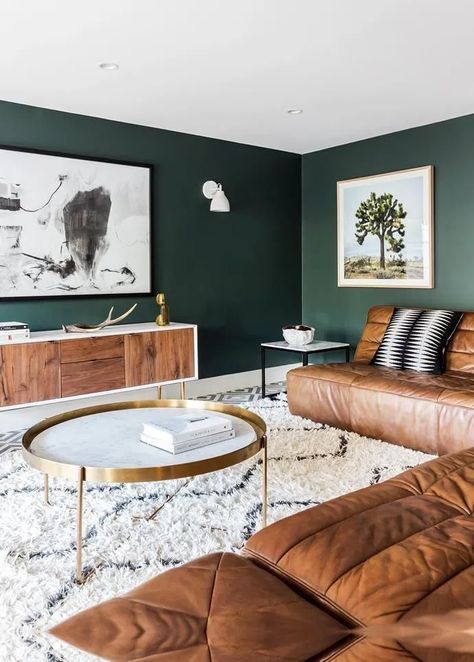 2019 Paint Colors of the Year – Welsh Design Studio Modern Mid Century Living Room, Living Room Colour Schemes, Leather Couches, Interior Boho, Design Salon, Mid Century Living Room, Living Room Color Schemes, Dekorasi Kamar Tidur, Mid Century Modern Living Room