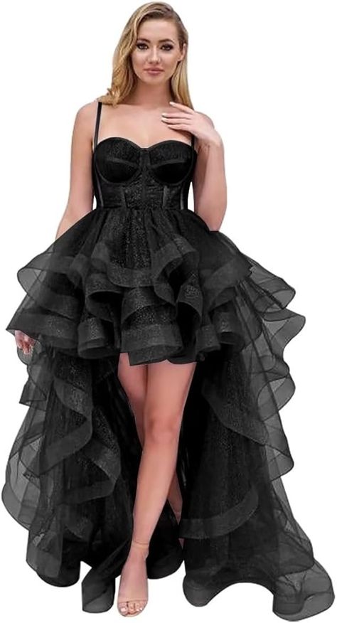 High Low Tulle Dress, Princess Quinceanera Dresses, Quinceanera Dresses Black, Summer Dress Long, Party Dress For Women, Dress Layered, Tulle Homecoming Dress, Dress Spaghetti Straps, Spaghetti Strap Prom Dress