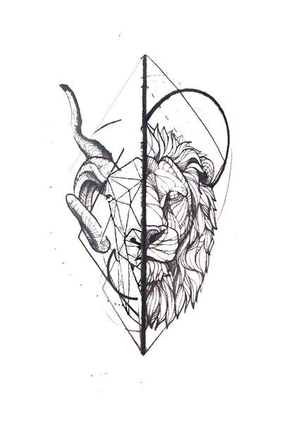 Lion And Aries Tattoo, Lion And Deer Tattoo, Ram And Lion Tattoo, Tattoo Ram, Aries Ram Tattoo, Leo Zodiac Tattoos, Geometric Lion Tattoo, Leo Tattoo Designs, Ram Tattoo