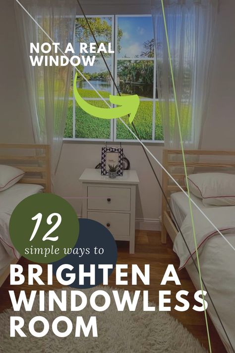 Making A Dark Room Look Brighter, Creating Light In Windowless Room, How To Brighten Up A Dark Bedroom, Brighten A Room With No Windows, Decorating A Room With No Windows, Small Windowless Office Ideas, Diy Faux Window Light, Brightening A Dark Room, Windowless Room Decor