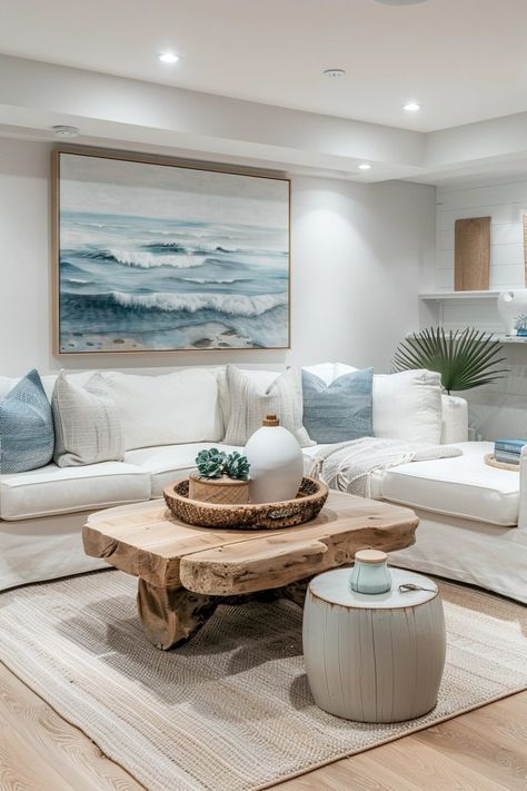 29 Basement Living Room Ideas to Transform Your Space 3 Beach Themed Basement, Mountain Coastal Decor, Coastal Basement Ideas, Coastal Theme Living Room, Beach Theme Living Room Coastal Style, Coastal Accent Wall, Surf Living Room, Coastal Boho Living Room, Small Coastal Living Room