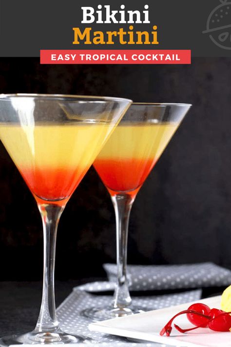 This Bikini Martini Cocktail with fruity tropical flavors and beautiful colorful layers is like a sunset in a glass. Made with coconut rum, vodka, grenadine and pineapple juice, this easy to make martini is always a showstopper! #cocktail #vodka #Maliburum Vodka And Pineapple Juice, Pineapple Vodka, Pineapple Chunks, Maraschino Cherries, Martini Recipe, Vodka Martini, Lemon Blossoms, Drinks Alcohol, Martini Recipes