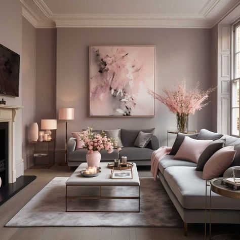 Grey Pink Black Living Room, Grey With Pink Living Room, Living Room Blush Pink And Grey, Grey Aesthetic Living Room Ideas, Pink Gold Grey Living Room, Grey Blush Living Room, Pink And Grey Interior Design, Pink And Gray Interior Design, Pink And Gray Home Decor