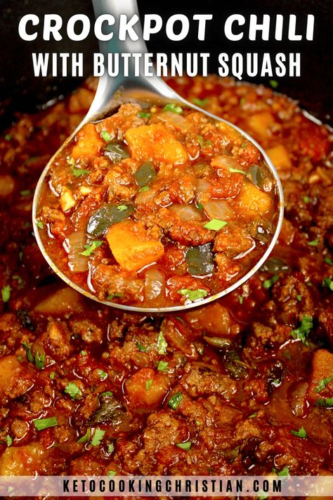 Crockpot Chili with Butternut Squash This delicious Butternut Squash Chili is a comforting, cozy chili recipe that nourishes you with the most incredible flavor and healthy ingredients. #ketochili #slowcookerchili #lowcarbchili Slow Cooker Butternut Squash Chili, Butternut Squash Chili With Beef, Butternut Chili Recipe, Chili With Butternut Squash Crockpot, Acorn Squash Chili, Butternut Squash Chili Crockpot, Butternut Squash Crockpot, Chili With Butternut Squash, Squash Chili Recipe