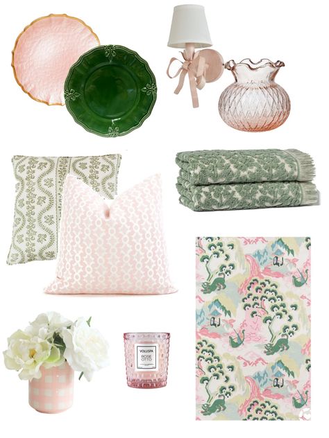 Soft Pink And Green Bedroom, Pink And Green Pastel Bedroom, Boho Regency Decor, Pink Grand Millenial, Green And Pink Decor Bedroom, Neutral Pink And Green Living Room, Green And Pink Guest Room, Room Ideas Aesthetic Green And Pink, Pink Green Gray Bedroom