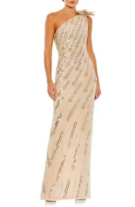 Gold One Shoulder Dress, Vestidos Color Coral, Mac Duggal Dress, Mac Duggal Dresses, One Shoulder Gown, Column Gown, Sequin Gown, Mac Duggal, A Line Gown