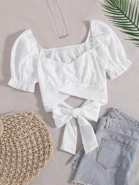 White Boho  Short Sleeve Polyester Plain Top Embellished Slight Stretch Summer Women Tops, Blouses & Tee White Blouse Ideas, Crop Top Blouse Designs Latest, Crop Tops Designs For Jeans, Crop Top Tshirts, Tops Designs For Jeans, Formal Tops For Women, Fancy Crop Top, Latest Crop Tops, Blouse Tops Designs