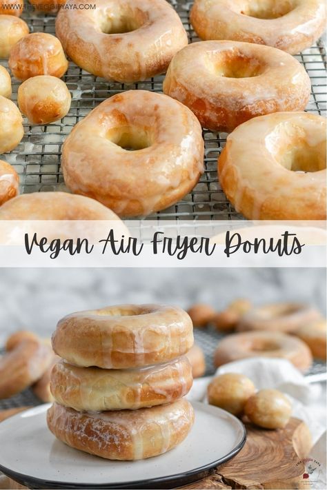 Satisfy your sweet tooth with these vegan air fryer yeast donuts. They're incredibly easy to make and only take 5 minutes in the air fryer! These donuts are perfect for a sweet snack or dessert. If you love plant based desserts and air fried treats, you'll love these vegan air fryer donuts. Serve with glaze, chocolate glaze, powdered sugar and more. Vegan Donuts Air Fryer, Vegan Air Fryer Donut Recipes, Vegan Air Fryer Desserts, Vegan Doughnut Recipe, Air Fryer Donut Recipes, Vegan Donuts Baked, Vegan Fall Desserts, Vegan Air Fryer Recipes, Air Fryer Vegan