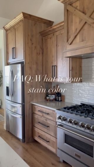 Probably one of the most asked questions I get is about our cabinet stain color. I have to give major props to my husband who picked it… | Instagram Stain Color For Kitchen Cabinets, Clear Coat Alder Cabinets, Knotty Alder Walnut Stain, Special Walnut Stain Cabinets, Knotty Alder Cabinet Stain Colors, Provincial Stain Cabinets, Staining Hickory Cabinets, Stained Birch Cabinets Kitchen, Aged Barrel Stain Cabinets