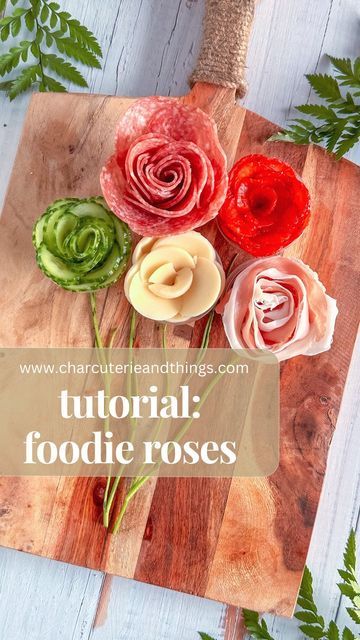 Flowers On Charcuterie Board, Veggie Charcuterie Boards, Tomato Rose How To Make, Charcuterie Board Cucumber, Flower Meat And Cheese Tray, What To Put In A Charcuterie Cup, Charcuterie Decor Ideas, Ham Roses Flower, Charcuterie Board Set Up Ideas