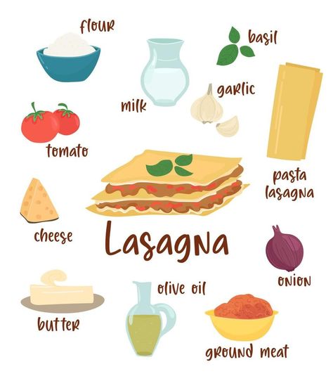 Lasagna. Illustration of Italian lasagna recipe and ingredients. Vector illustration for menu, cookbooks, instagram. Lasagna Packaging, Lasagna Illustration, Lasagna Drawing, Italian Lasagna Recipe, Italy Illustration, Italian Lasagna, Olive Oil Butter, Fancy Appetizers, Lasagne Recipes