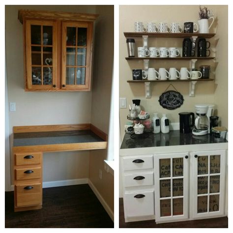 Repurposed a coffee bar out of the desk area in our kitchen Desk Conversion Ideas, Kitchen Desk To Bar Makeover, Desk Turned Into Coffee Bar, Kitchen Desk Conversion Ideas, Kitchen Desk Makeover, Desk Remodel, Rustic Contemporary Kitchen, Pantry Desk, Kitchen Desk Areas