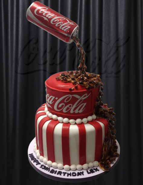 Coca Cola Cake Used a coke can to appear it was being poured onto cake. I actually airbrushed brown forst, then some black, to give a more... Coke Cake, Torte Creative, Coca Cola Cake, Cola Cake, Gravity Defying Cake, Gravity Cake, Torte Cupcake, Cake Central, Läcker Mat