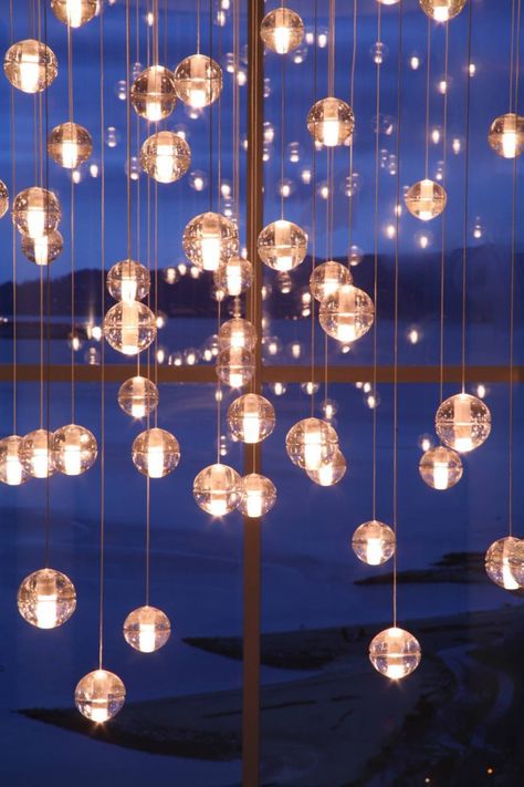 Lighting Ideas for Every Mood... Suspended Lighting, Pretty Lights, The Ceiling, Glass Ball, My New Room, Fairy Lights, Hanging Lights, Lighting Design, Chandeliers