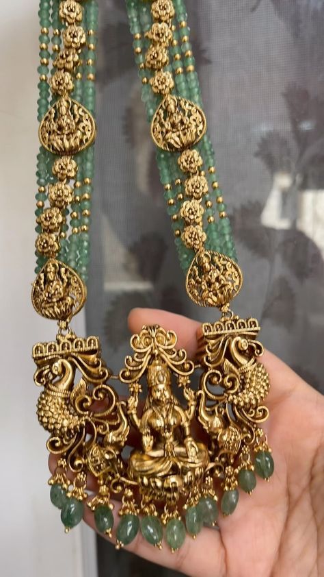 Beaded Temple Lakshmi Long Necklace From 'Kruthika Jewellery' • South India Jewels Crystal Long Necklace, South Temple Jewellery, Temple Jewellery Pendants, Temple Jewellery Designs, God Bharai, South Jewellery, Antic Jewellery, 4 Necklace, Temple Necklace