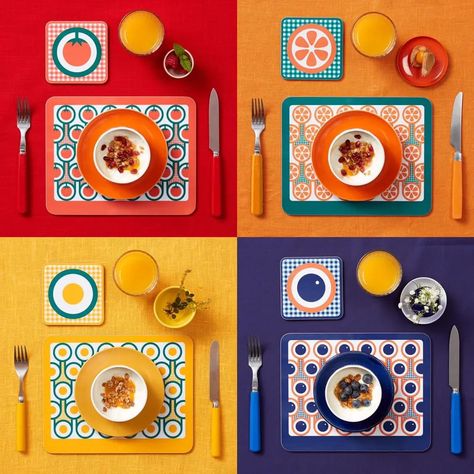 Paper Origami Diy, Colorful Tablescapes, Modern Placemats, Coaster Sets, Fried Eggs, Textile Pattern Design, English Breakfast, Jam Jar, Breakfast Table