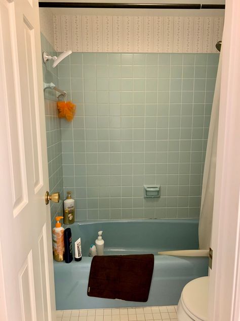 Blue Tile Retro Bathroom, Over Shower Bath, Blue Tiles Bathroom Floor, Bathroom With Blue Bathtub, Updating Vintage Tile Bathrooms, Blue Bathroom Suite Retro, Bathroom Interior Design Vintage, 1970s Blue Tile Bathroom, Blue 1950s Bathroom