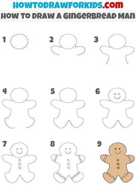 Easy Gingerbread Drawing, Diy Christmas Cards Gingerbread Man, Gingerbread Man Drawing Easy, Christmas Drawing Ideas Step By Step, How To Draw Gingerbread Man, How To Draw A Gingerbread Man, Step By Step Drawing Christmas, Christmas Drawings Easy For Kids, Gingerbread Man Doodle