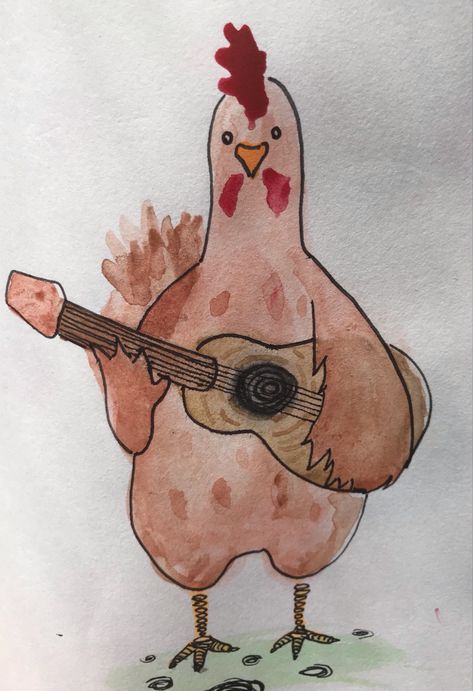 Silly Watercolor Paintings, Watercolor Chickens Easy, Watercolour Animals Easy, Funny Watercolor Paintings, Wacky Painting, Chicken Painting Easy, Silly Paintings, Funny Painting Idea, Quirky Drawings