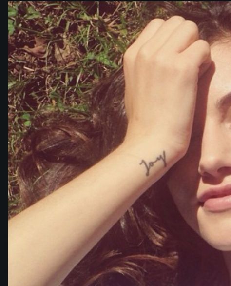 Joy tattoo #wantit Phoebe Tonkin Joy Tattoo, Joy Wrist Tattoo, Joy Tattoo Ideas Symbols, Joyful Tattoo, Joy Tattoo Ideas, Life Goes On Tattoo, Knitting Tattoos, Joy Tattoo, Knitting Tattoo