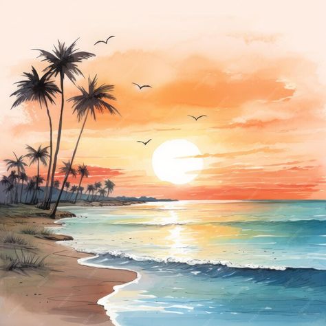 I Am Saving My Beach Painting, Beach Sunset Drawing Colored Pencil, Watercolor Palm Tree Sunset, Beach Pictures Drawing, Seashore Drawing, Beach Watercolor Paintings, Sunset Beach Watercolor, Beach Painting Watercolor, Beach Drawings