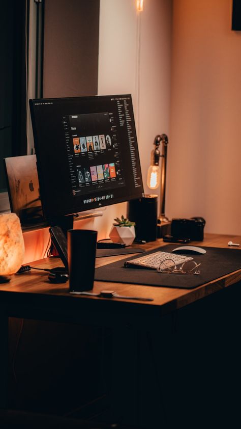 Download this photo by Zac Wolff on Unsplash Best Desk Lamp, Brown Rooms, Computer Desk Setup, Home Studio Setup, Desktop Setup, Desk Inspiration, Bedroom Setup, Office Layout, Gaming Room Setup