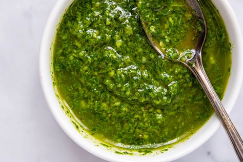 A French pistou is just like pesto but without the nuts. This vegan version is a delicious basil sauce with no Parmesan cheese or pine nuts. Authentic Chimichurri Recipe, How To Make Chimichurri, Parsley Recipes, Homemade Pesto Sauce, Chimichurri Recipe, Vegan Pesto, Herb Sauce, Chimichurri Sauce, Nut Recipes