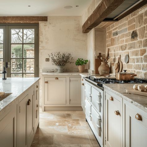 Crafting The Perfect English Countryside Kitchen Stone Floor Kitchen Wood Cabinets, English Cottage Backsplash, Cottage Kitchen Modern, English Countryside Home Interior, Stone Tile Kitchen, Stone Kitchen Floor, Country Kitchen Backsplash, Modern English Cottage, Meadow Cottage