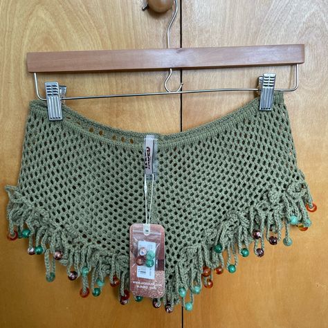 Green Crochet Fabric, Beaded Fringe Detail With A Cast Off Hem. Crochet Fringe Top, Crochet Fringe, Green Crochet, Crochet Clothing And Accessories, Crochet Shorts, Crochet Fabric, Fringe Top, Jaded London, Cast Off