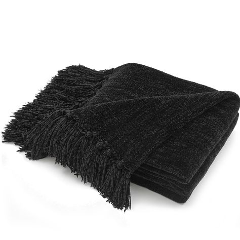 PRICES MAY VARY. SUPER SOFT & COMFY- This 50 x 60 inches chenille throw blanket is made of 100% breathable polyester, silky touching, super soft, breathable, lightweight but warm, wrinkle and fade resistant. Keep you cozy, no fuzz balls. DURABLE & STYLISH- Superior woven workmanship in very good construction, which is no shedding and won't lose shape or connection. The stylish tassel makes this beautiful throw blanket a great home decoration for sofa, couch and bed. VERSATILE & COZY- This solid Blanket With Fringe, Black Couches, Bed Living Room, Chenille Blanket, Decorative Throws Blanket, Black Throws, Cozy Sofa, Chenille Throw, Cozy Throw Blanket